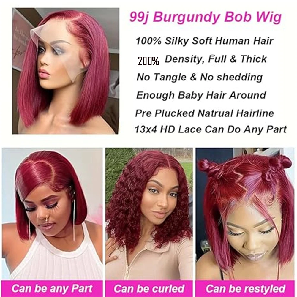 99J Burgundy Short Bob Wig 13X4 Lace Front Wigs For Women Brazilian Human Hair 10 14 Inch Win Red Bob Wig 200% Density Red Color