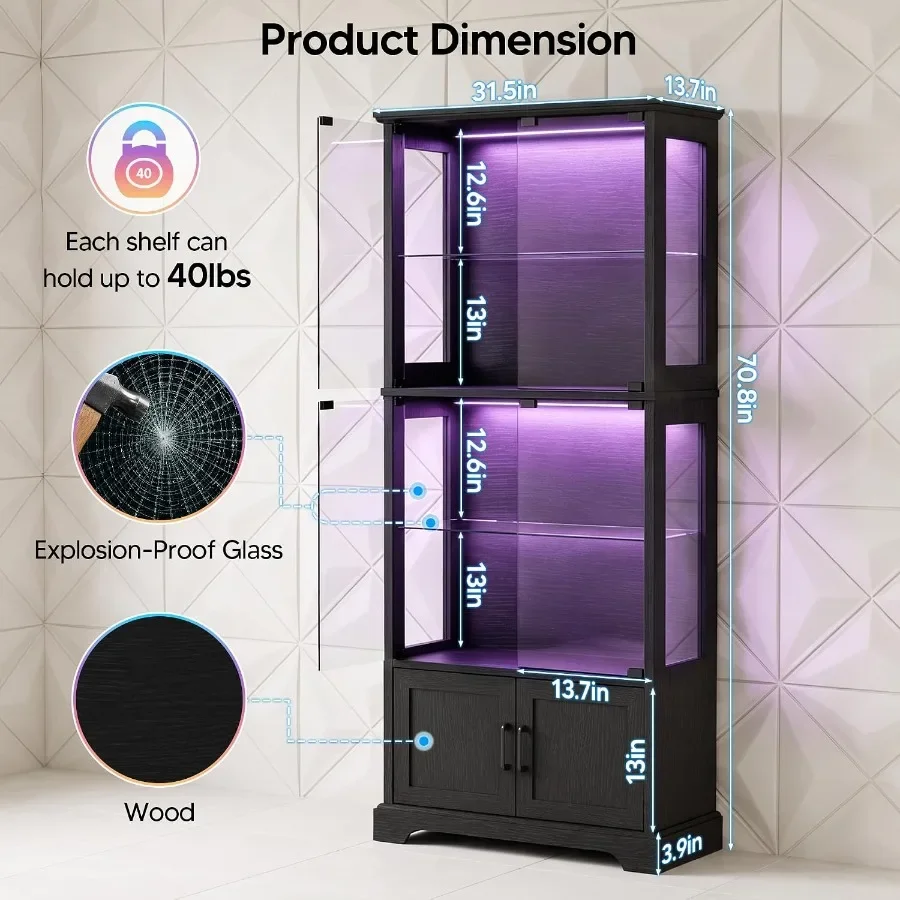 Display Cabinet with Glass Door, 4-Tier Display Case with RGB Lights