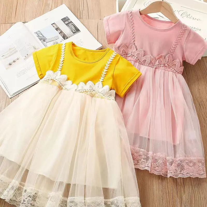 2023 Summer New Fashion  2 3 4 5 6  8 10 Years Children Clothing Baby Princess Short Sleeve Mesh Patchwork Dress For Kids Girls