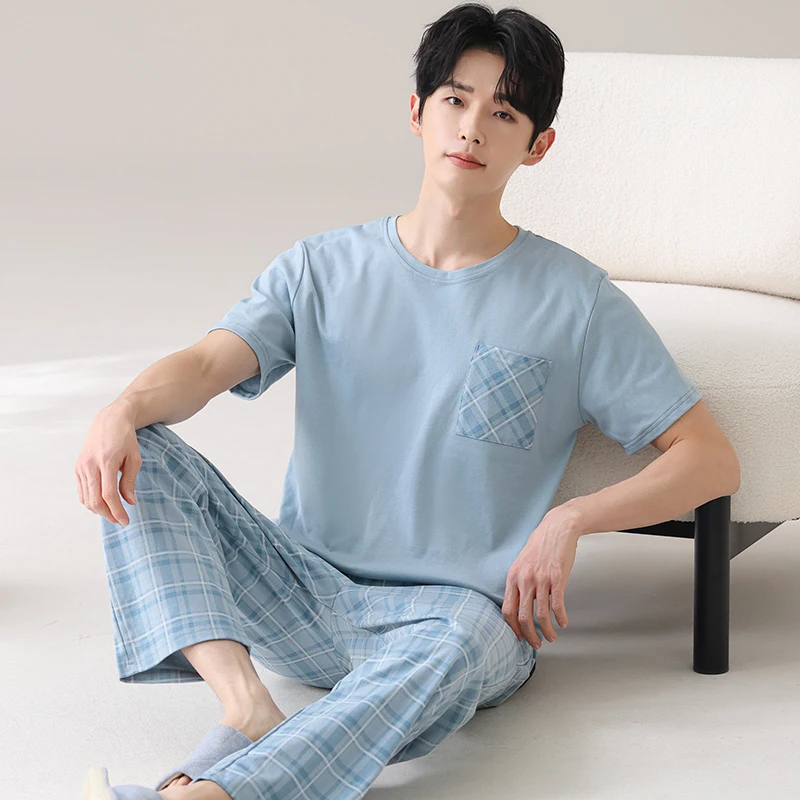 Summer Modal Ice Silk Pajamas Set Male Sleepwear Family Pijamas Hombre Night Suit Men Casual Tracksuit Plaid Print Home Clothing