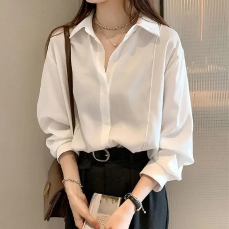 

Spring Summer Long Sleeve Blouse Woman Button Up Shirt Loose Office Lady Tops Korean Fashion White Blue Oversize Blusas Mujer