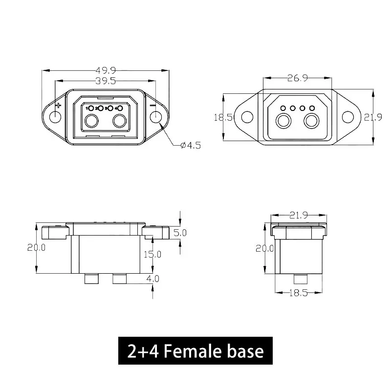 E-Bike Lithium Battery Connector High-power Charging Socket 2+4 Pin Female Electric Vehicle 6Pin Socket with Power Cord