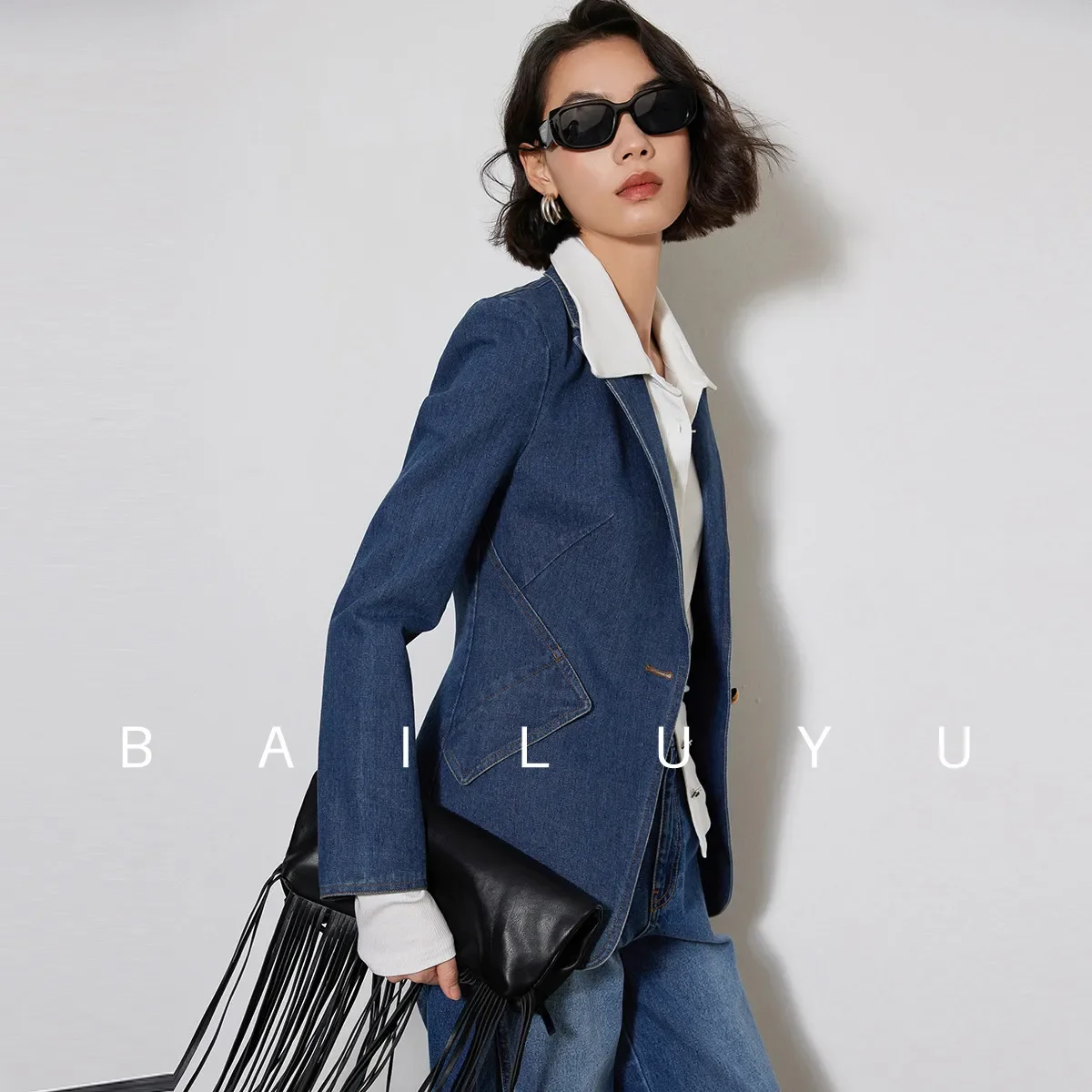 LOUIS YAO Women Denim Coat 2024 Spring Autumn Retro Style One Button Jacket Elegant Fashion Turn Down Collar Long Sleeve Coat