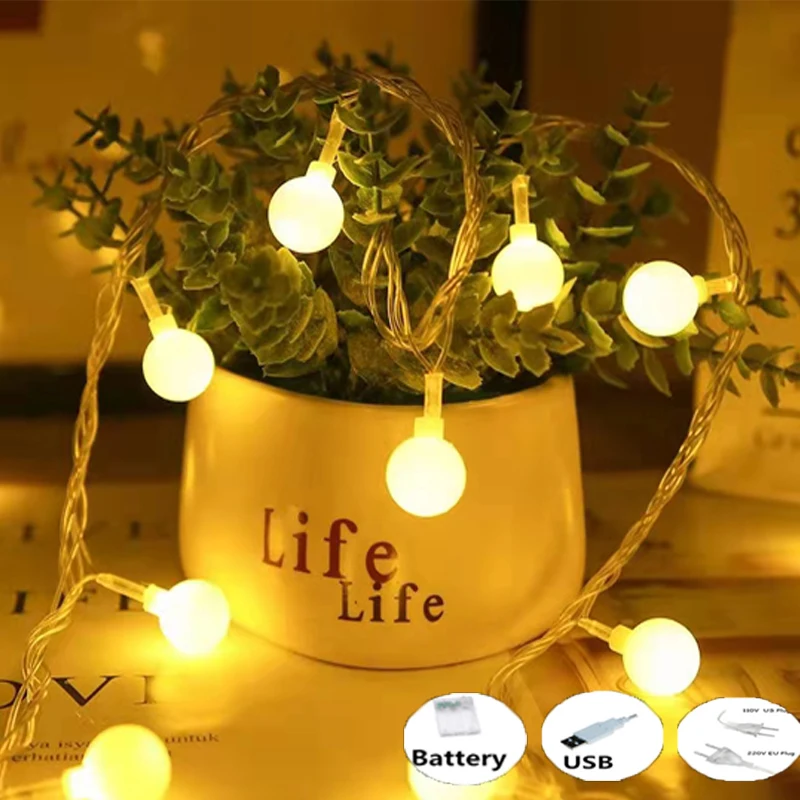 3M 5M 10M USB Battery Operated Ball Led String Lights Garland Outdoor Christmas Bedroom Wedding Party Decoration Fairy Lights