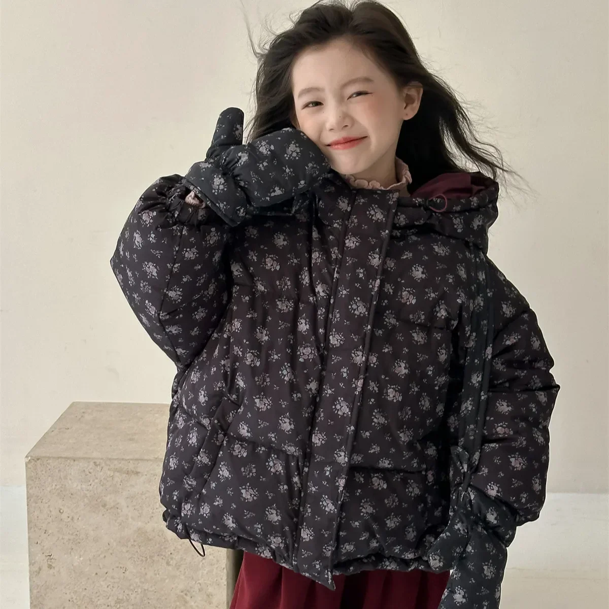 Girls' Down Jacket Winter Clothing 2025 New Style Small Fresh Floral Hooded White Duck Down Warm Jacket Trendy