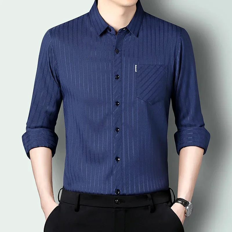 Polyester Viscose Contain Shirts For Men Silky Elastic Long Sleeve Spring Quality Anti-Wrinkle Striped Pocket Tops Chemise Homme
