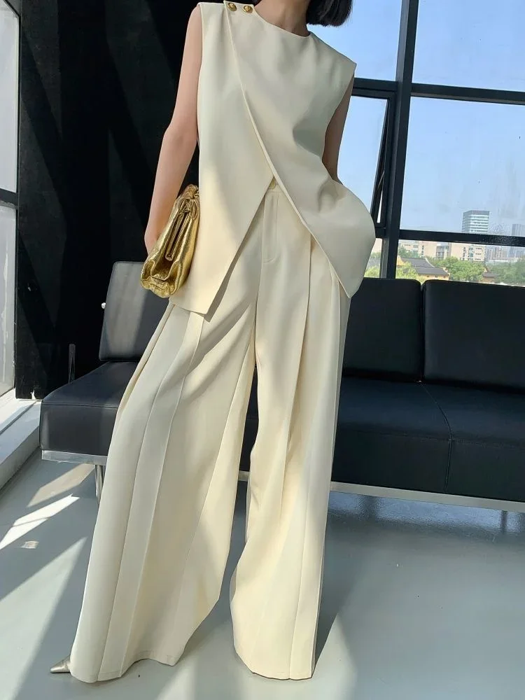 

Conjunto de pantalones de pierna ancha a juego para mujer, Top sin mangas Irregular de cintura alta, color Beige, moda coreana,