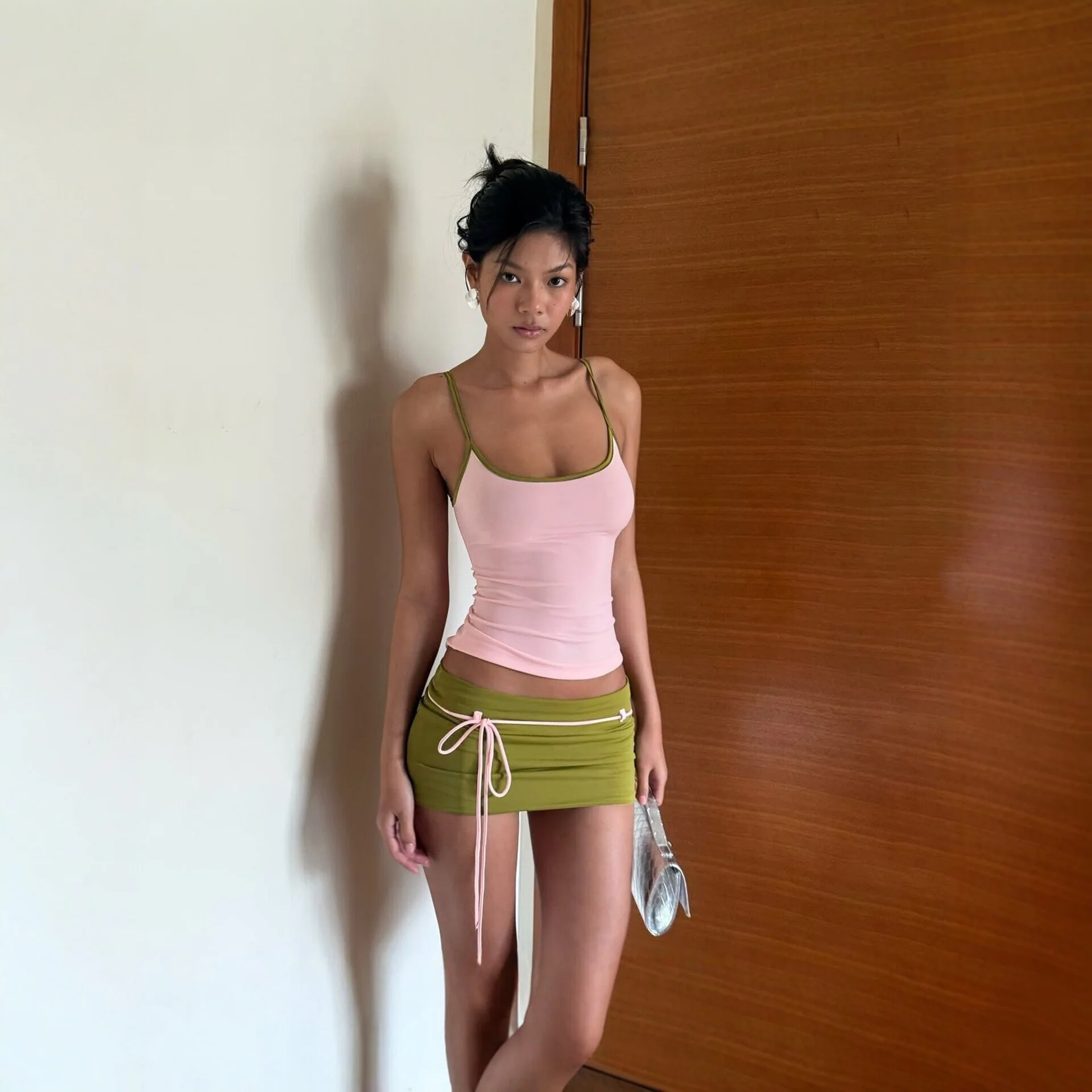Fashionable And Sexy Contrasting Color Women Summer New Two-piece Set High Street Style Bandage Tassel Mini Skirt Y2K Style Suit