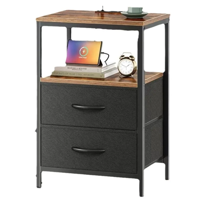 

New American bedside table, iron and wood combination, bedside table with drawers, bedside in household bedroom, storage locker
