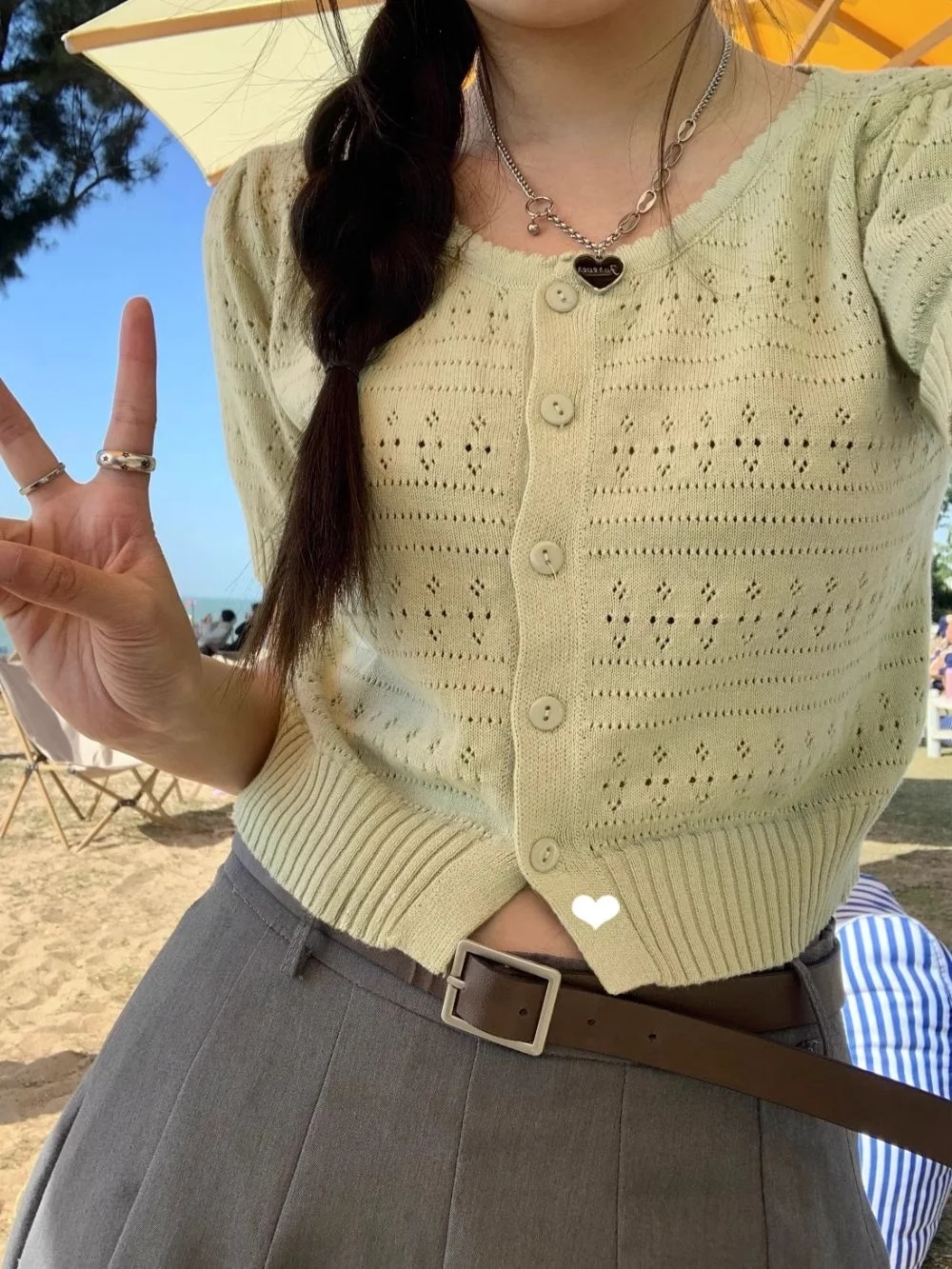 

Slim Fit Ice Silk ort Sve Knitted Cardigan Women's Summer New Sle Bubble Sve T-irt Top Hollow out Design