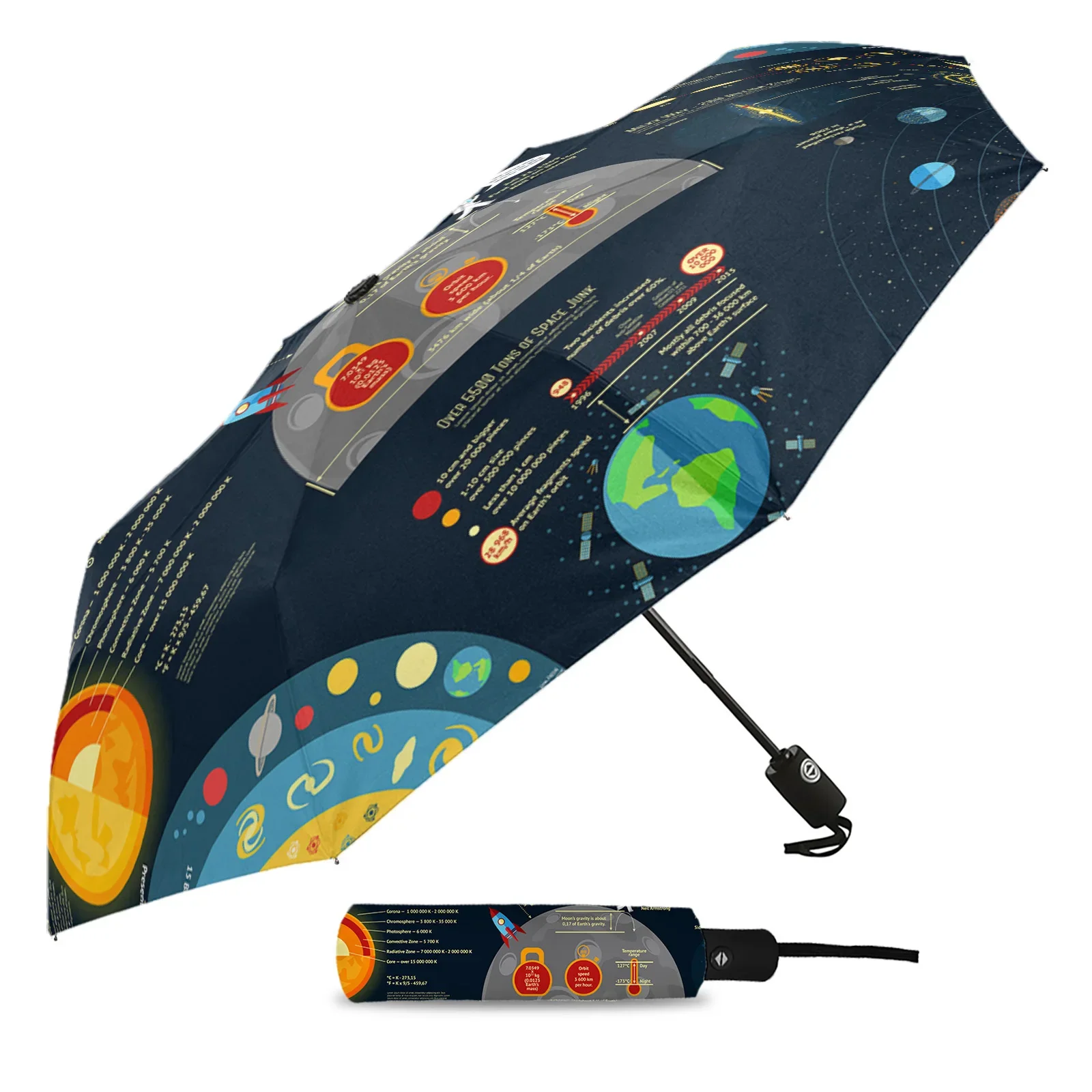 Space Rocket Moon Planet Automatic Umbrella Folding Umbrella Outdoor Printed Rain Umbrella for Women Kids Parasol