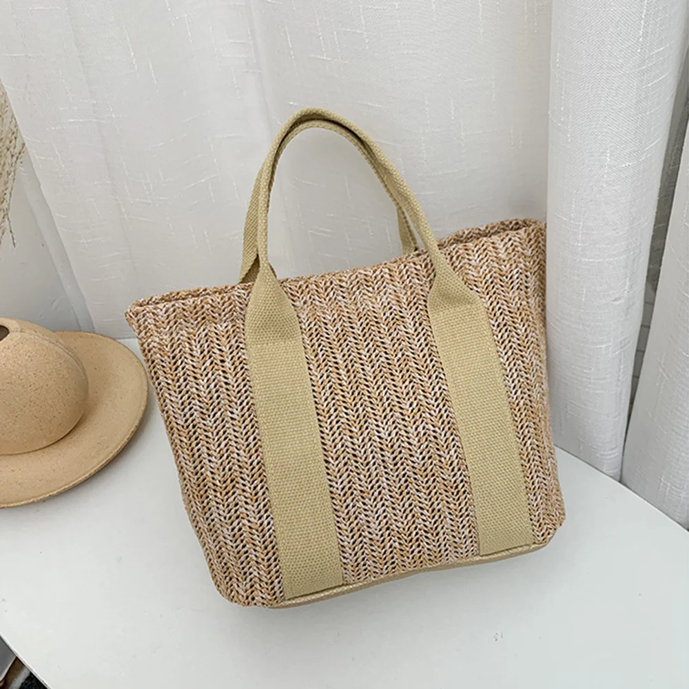 Basket Style Tote Bags Straw Bag With Leather Handles Beach Tote Bags For Women Rattan Basket Handbags Straw Woven Summer Bags