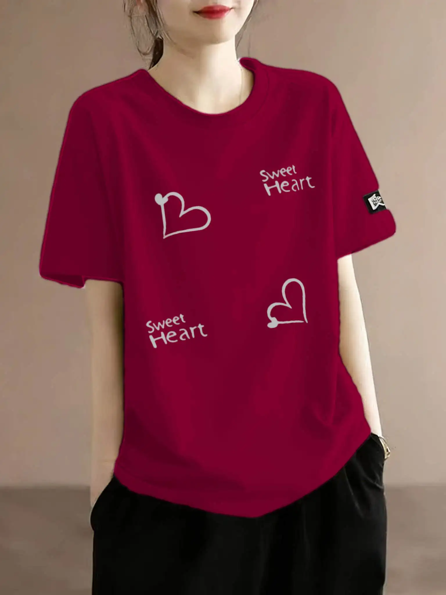 

New 2026 Women's Short Sleeve T-Shirt Casual Loose Fit Versatile Top Breathable Polyester Fiber Printed Design Heart Pattern
