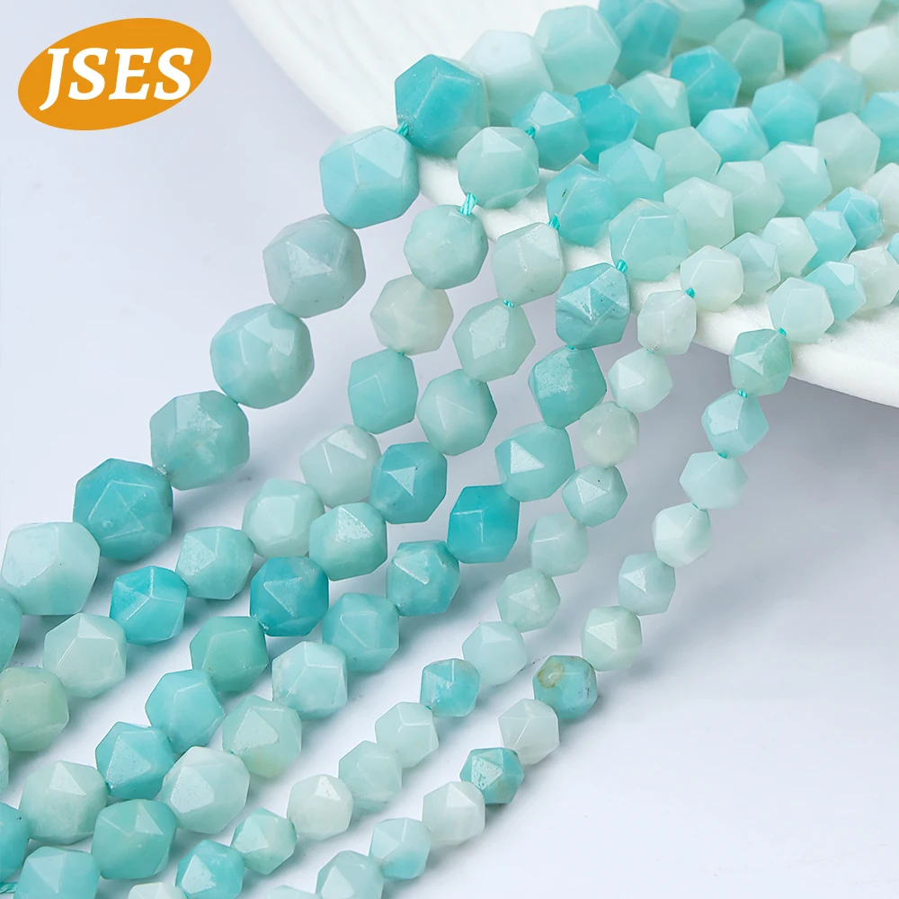 A++ Natural Blue Amazonite Star Faceted Cut Round Loose Beads for Jewelry Making Necklace Bracelet DIY Handmade Accessories