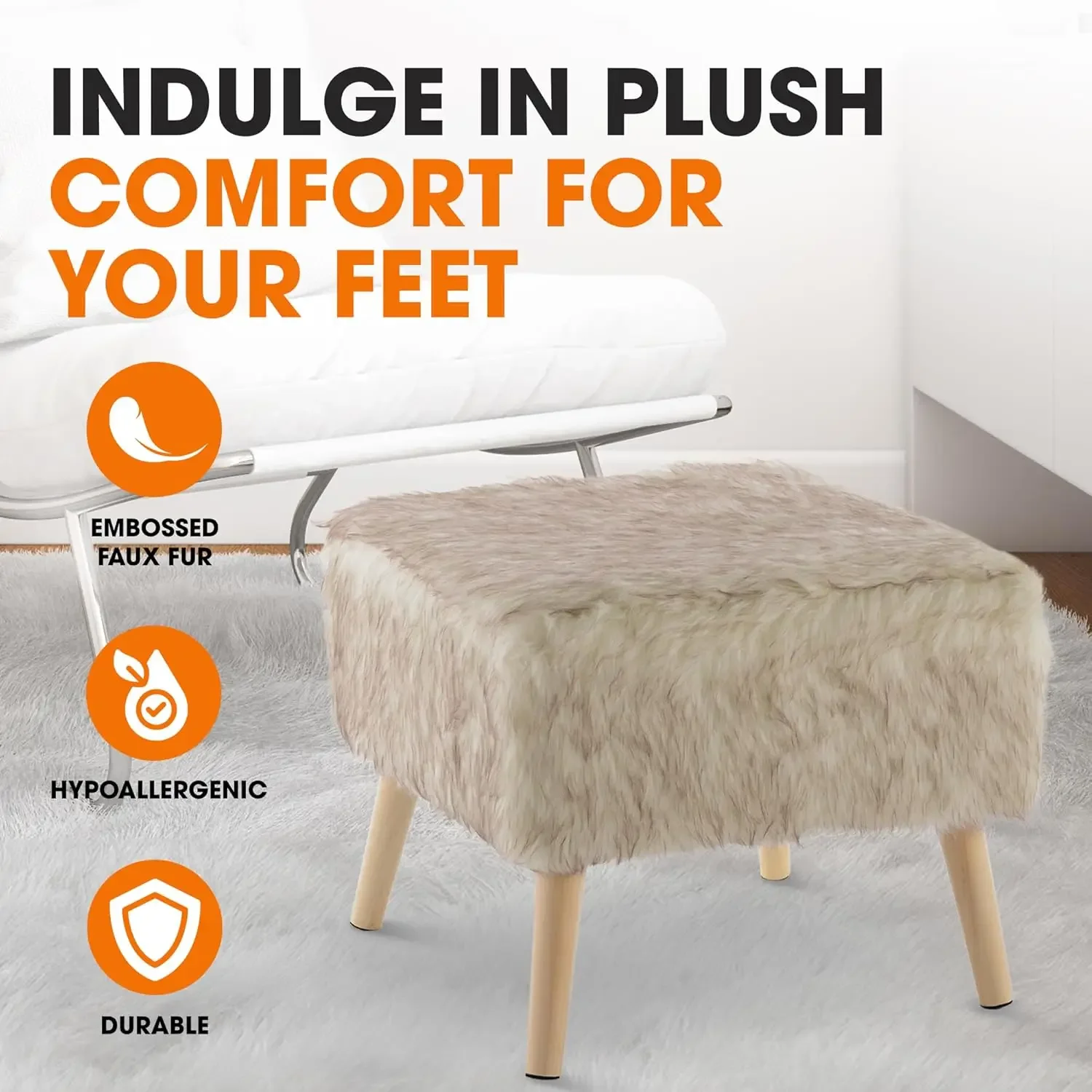 

17" Square Ottoman | Super Soft Decorative Tan Wolf Faux Fur Foot Stool with Wood Legs