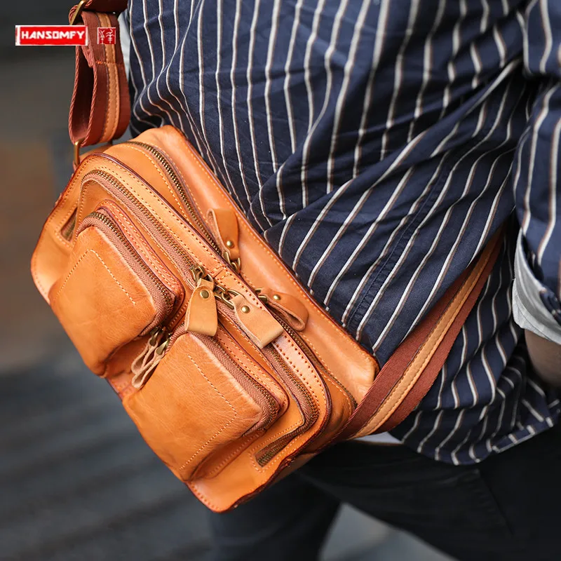 

Retro Washed-out Vegetable Tanning Leather Shoulder Messenger Bag Genuine Leather Multi-Bag Men and Women Cell Phone Bag