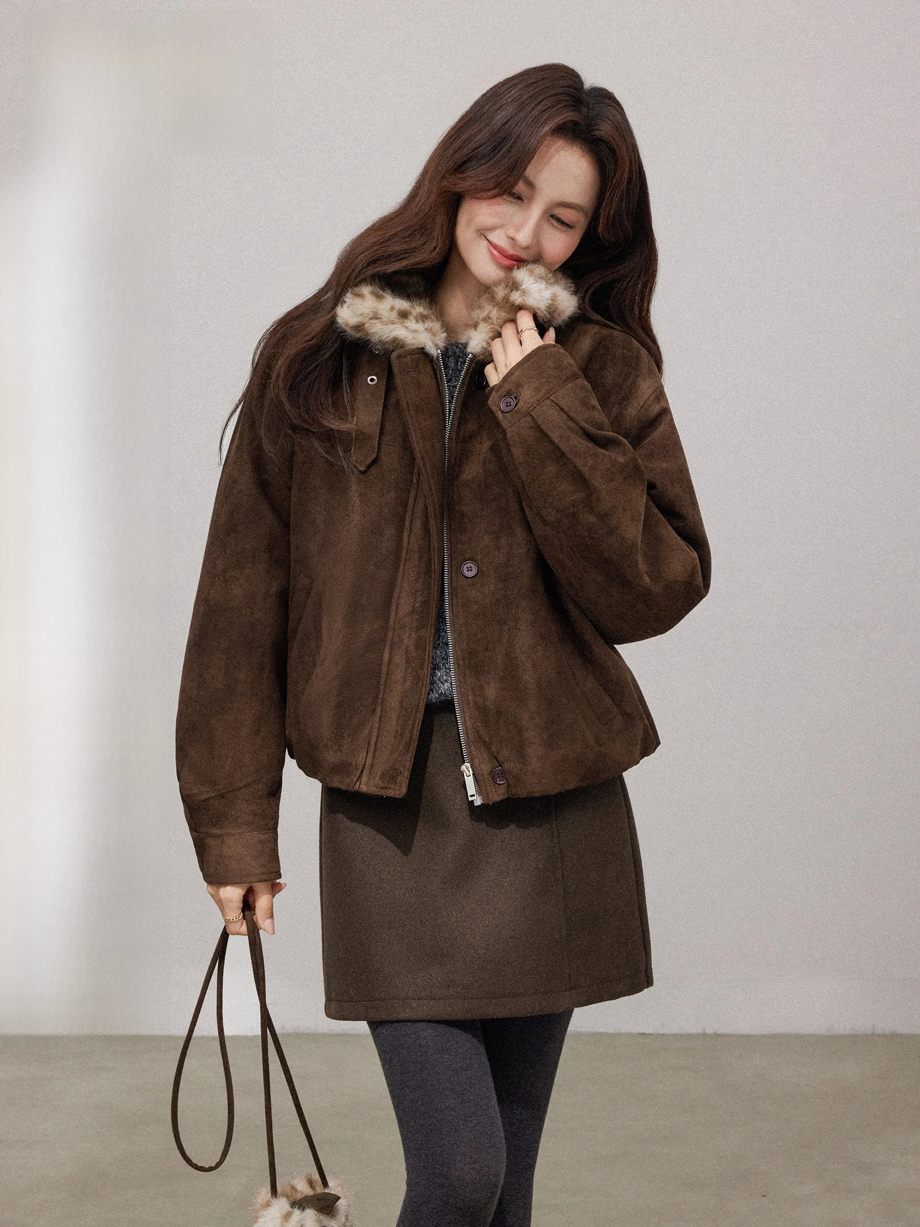 

Thiened Suede Leopard Print Jaet Women's Autumn Winter Warm Casual Loose Fit Zipper Closure Long Sve Coat