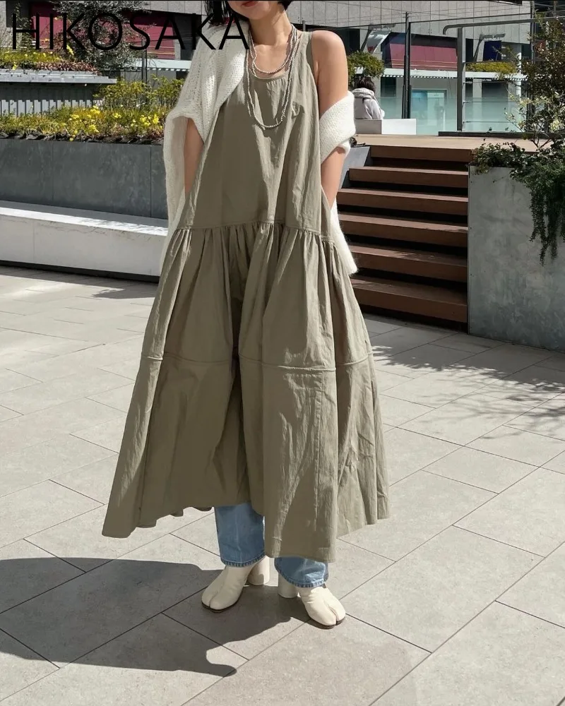 

Japanese Vintage Casual Big Swing Dress Women Loose Fashion Vacation Style Elegant Tank Robe Summer All-match Solid Vestidos