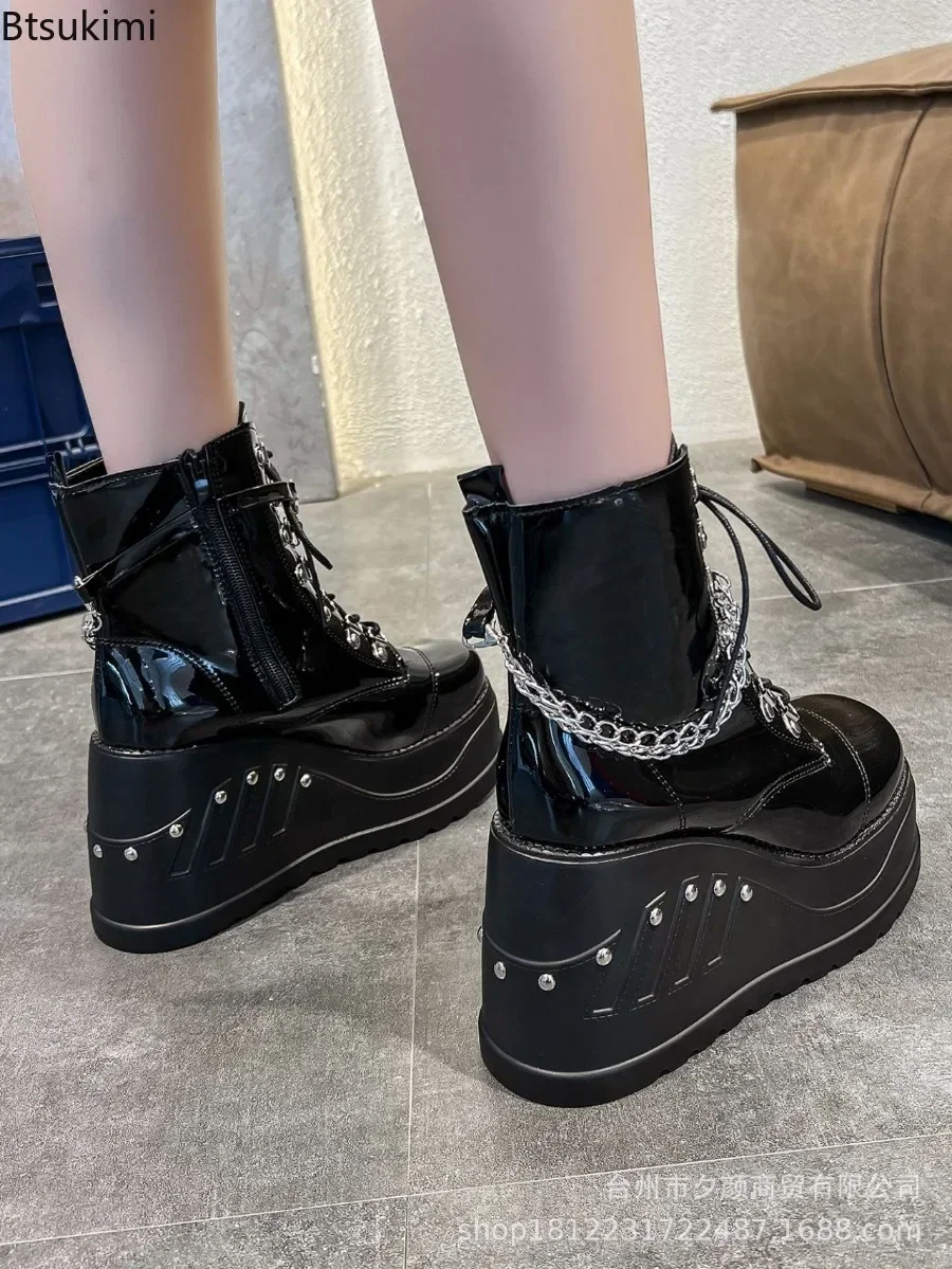 2024 Women\'s Fashion Boots Plus Size Black Zipper Lace Up Chain Wedge Platform Women Motorcycle Boots Girls Gothic Punk Shoes