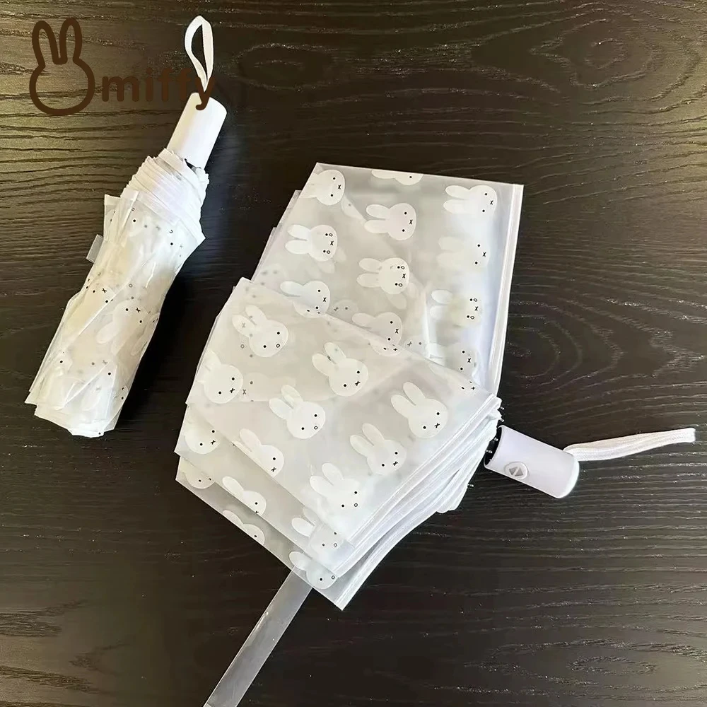 Miffy Kawaii – parapluie Transparent givré pour étudiants, entièrement automatique, Portable, lapin de dessin animé, pliable, cadeau d'anniversaire pour fille