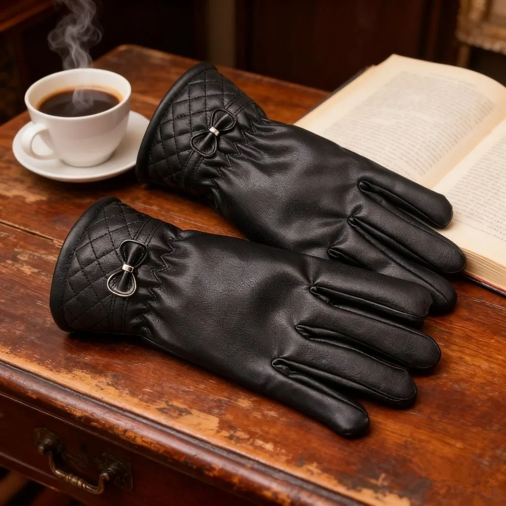 زوج من قفازات الشتاء النسائية المبطنة بالصوف، قفازات قيادة سميكة مقاومة للرياح، قفازات متوافقة مع شاشة الشتاء