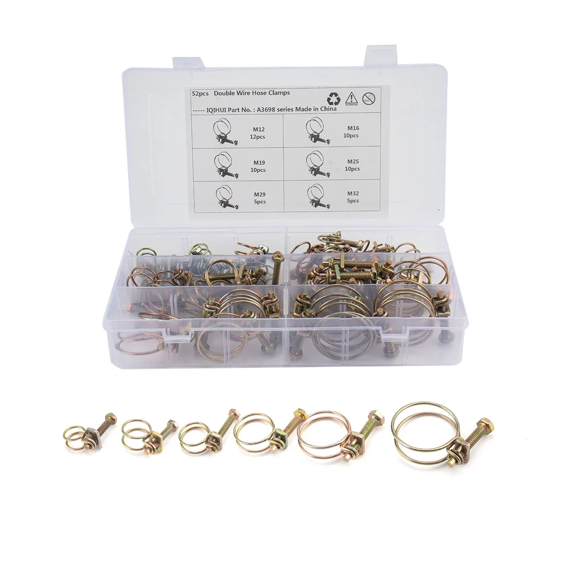 52Pcs/1Lot M12/16/19/25/29/32 Adjustable Pipe Clamp Double Wire Hose Clip Plumbing Fastener Hardware Kit