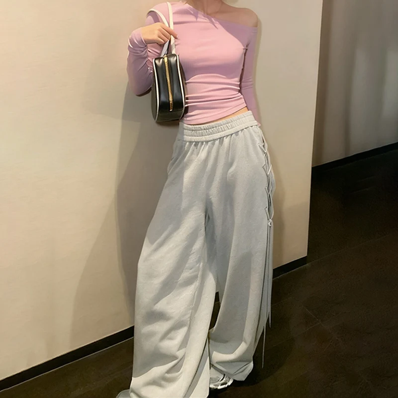 Y2K Side Lace-Up Retro Gray Sweatpants for Women 2025 Autumn New Oversized Sports Pants Gothic High Elastic Waist Baggy Trousers