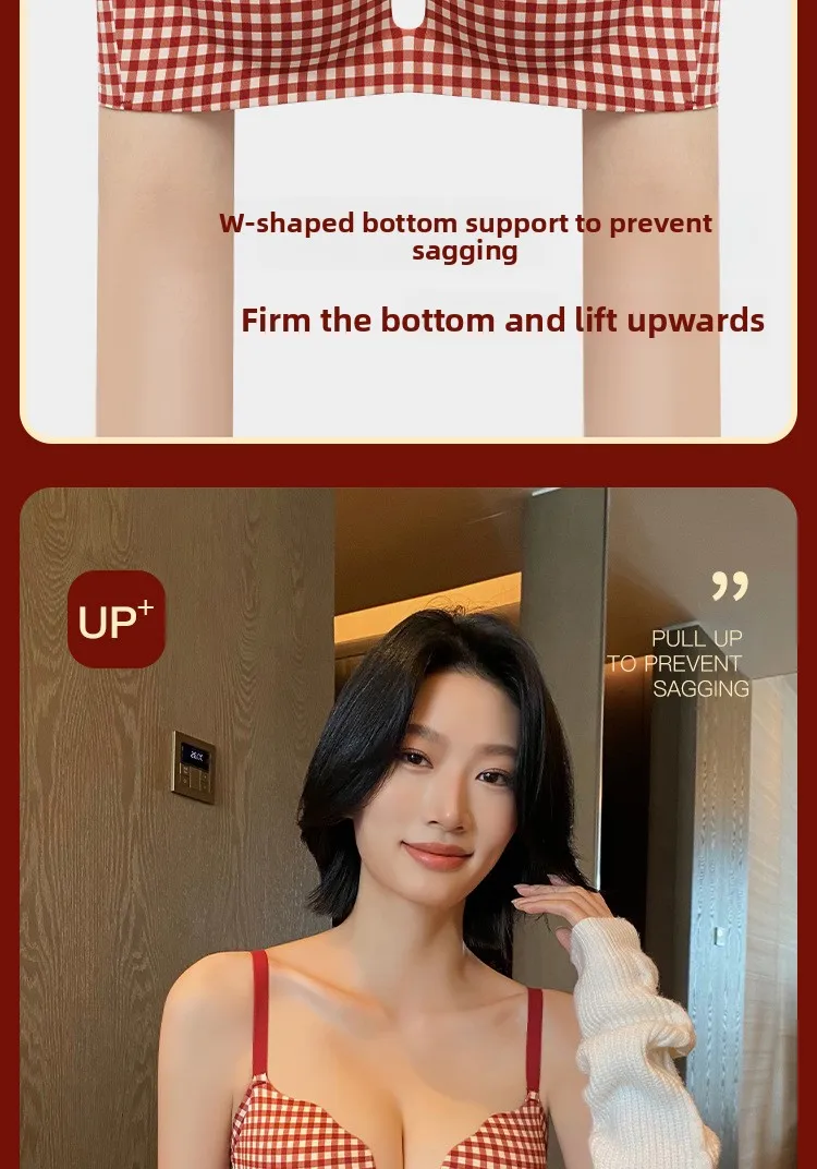 FallSweet Klassischer kabelloser Push-up-BH für Frauen mit kleiner Brust, nahtloser rot karierter Bralette, bequeme Dessous, Damen-BH – Detail 10