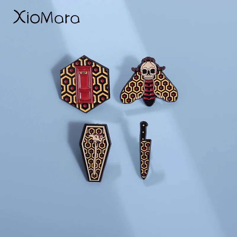 Horror Suspense Film Enamel Pins Skull Bee Door Dagger Coffin Brooches Lapel Badges Punk Gothic Jewelry Gift for Fans Friends