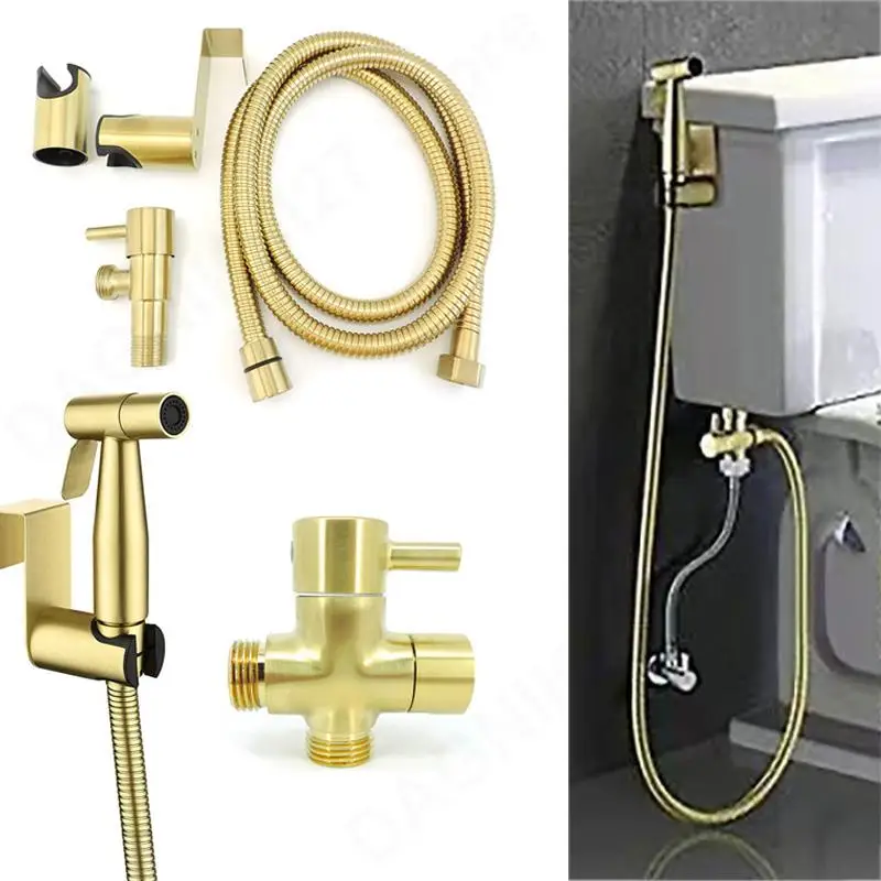 

Stainless steel Gold Toilet Bidet Sprayer wc shower head set Handheld water T valve Hose Muslim Kit bathroom cleaning V27