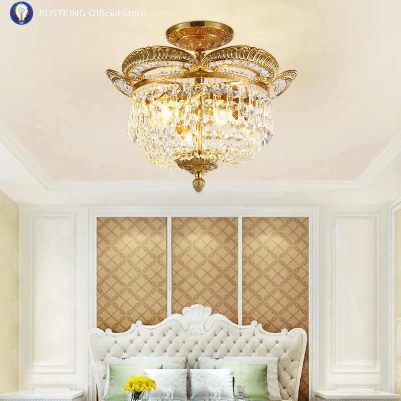 French All-Copper Ceiling Lamp, European Style Exquisite Living Room Bedroom Study Semi-Built-In Ceiling Light