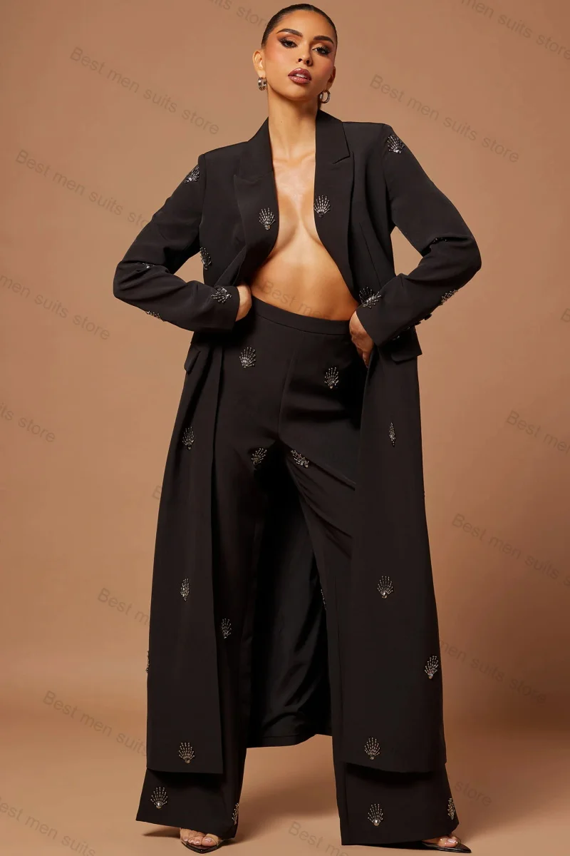 Black Women Suit Pants Set 2 Piece Long Blazer+Trousers Fan Shape Crystal Beaded Wedding Tuxedo Party Jacket Coat Customize