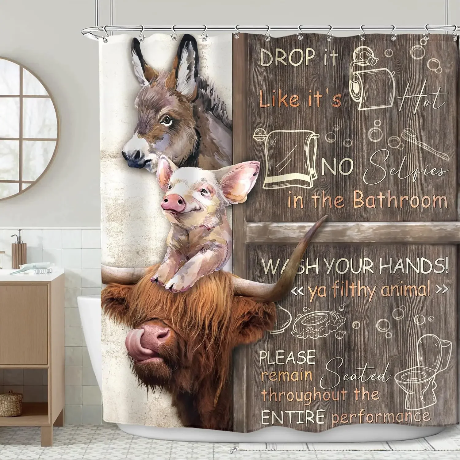 Farm Animal Shower Curtain Funny Highland Cow Donkey Pig Plant Rustic Wooden Panel Cartoon Polyester Fabric Bathroom Decoration