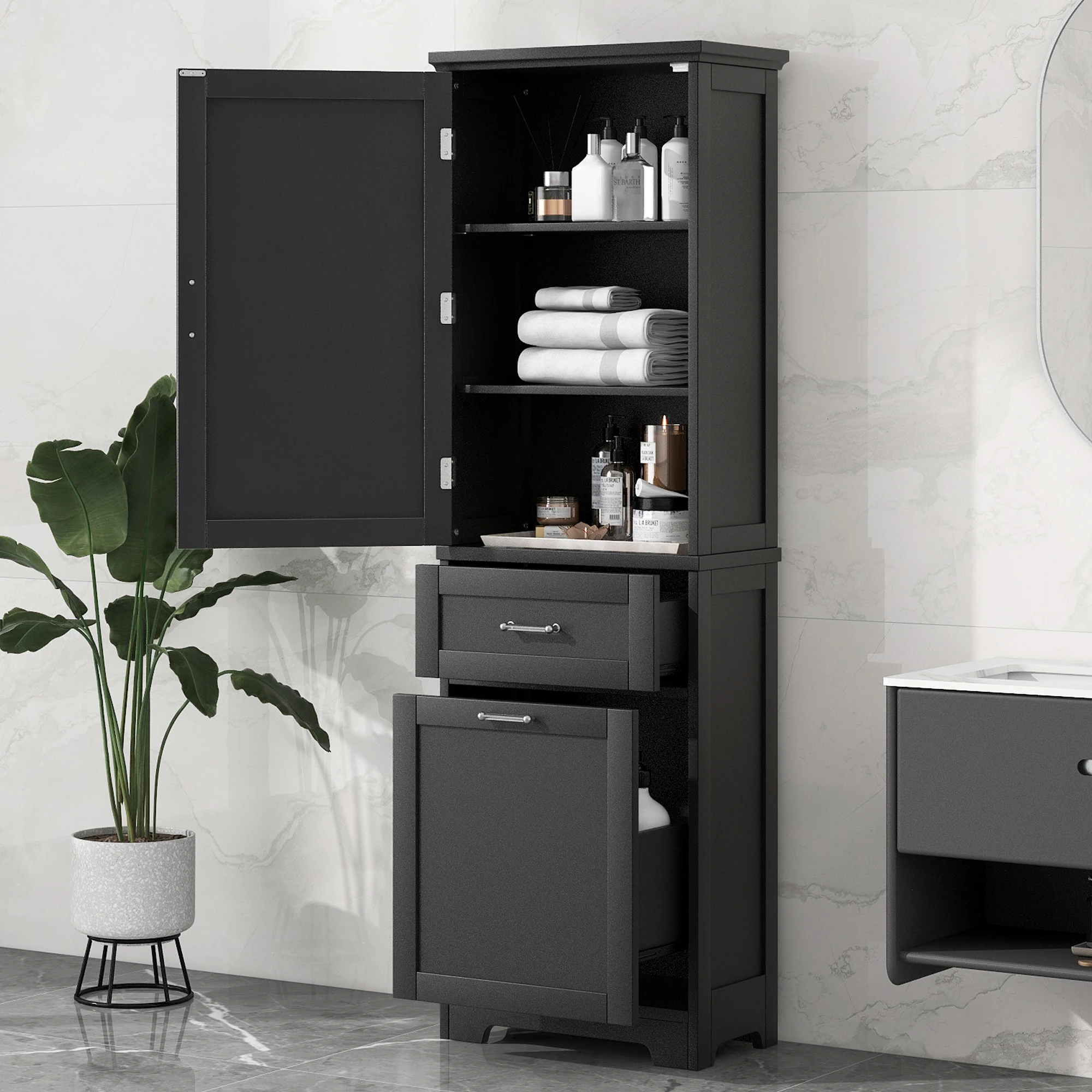 Tall Bathroom Storage Cabinet Freestanding Storage Cabinet with Two Different Size Drawers and Adjustable Shelf MDF Board