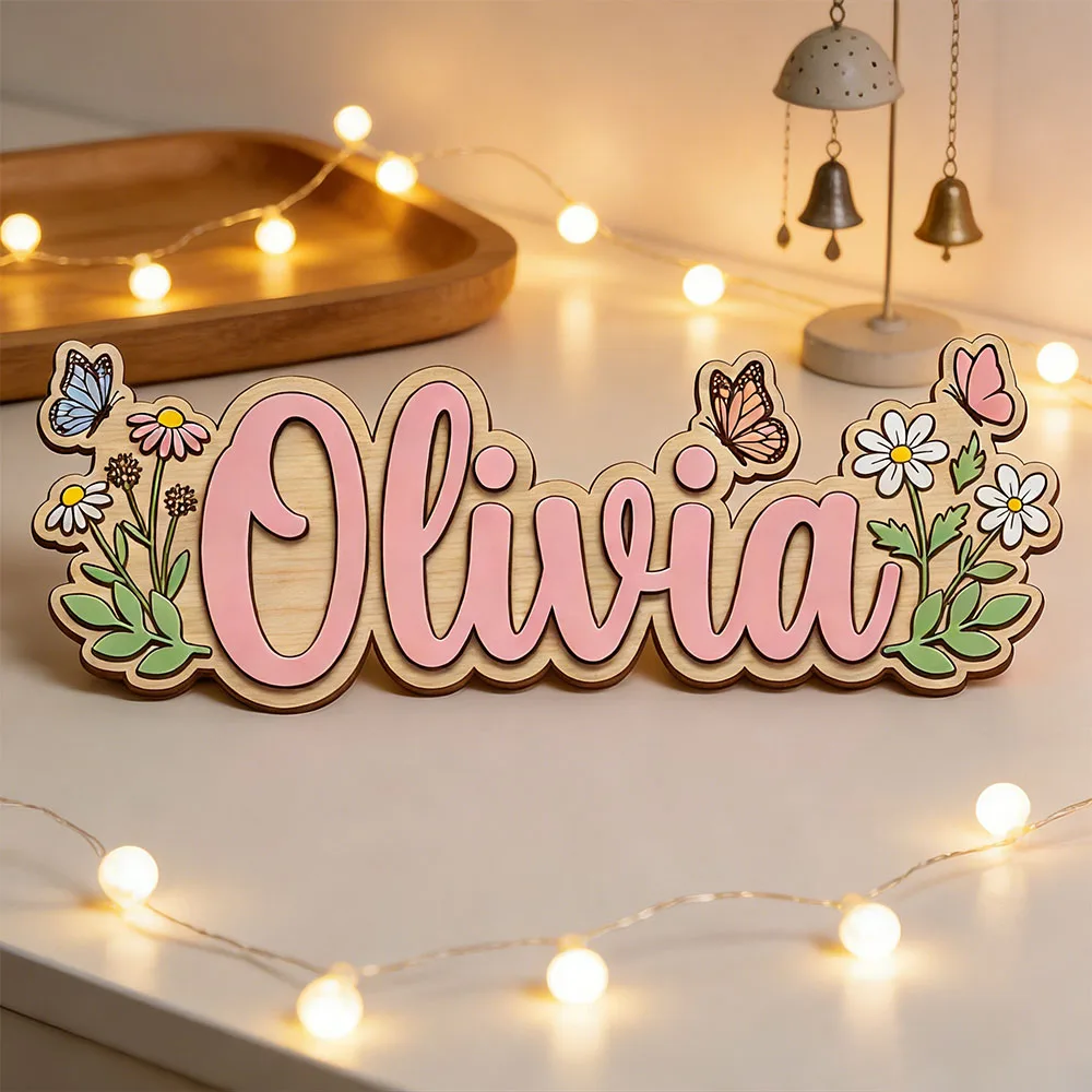 Custom Wildflower Daisy Butterfly Name Plaque for Kids Bedroom Unique Sweet Floral Themed Wooden Door Hanger Gift image 3