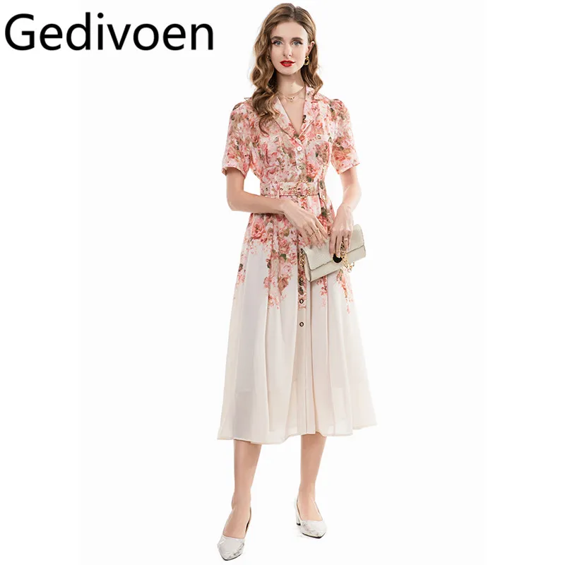 

Gedivoen Summer New Suit Collar Short Sleeved Long Floral Elegant Waist Cinching Big Swing Dress