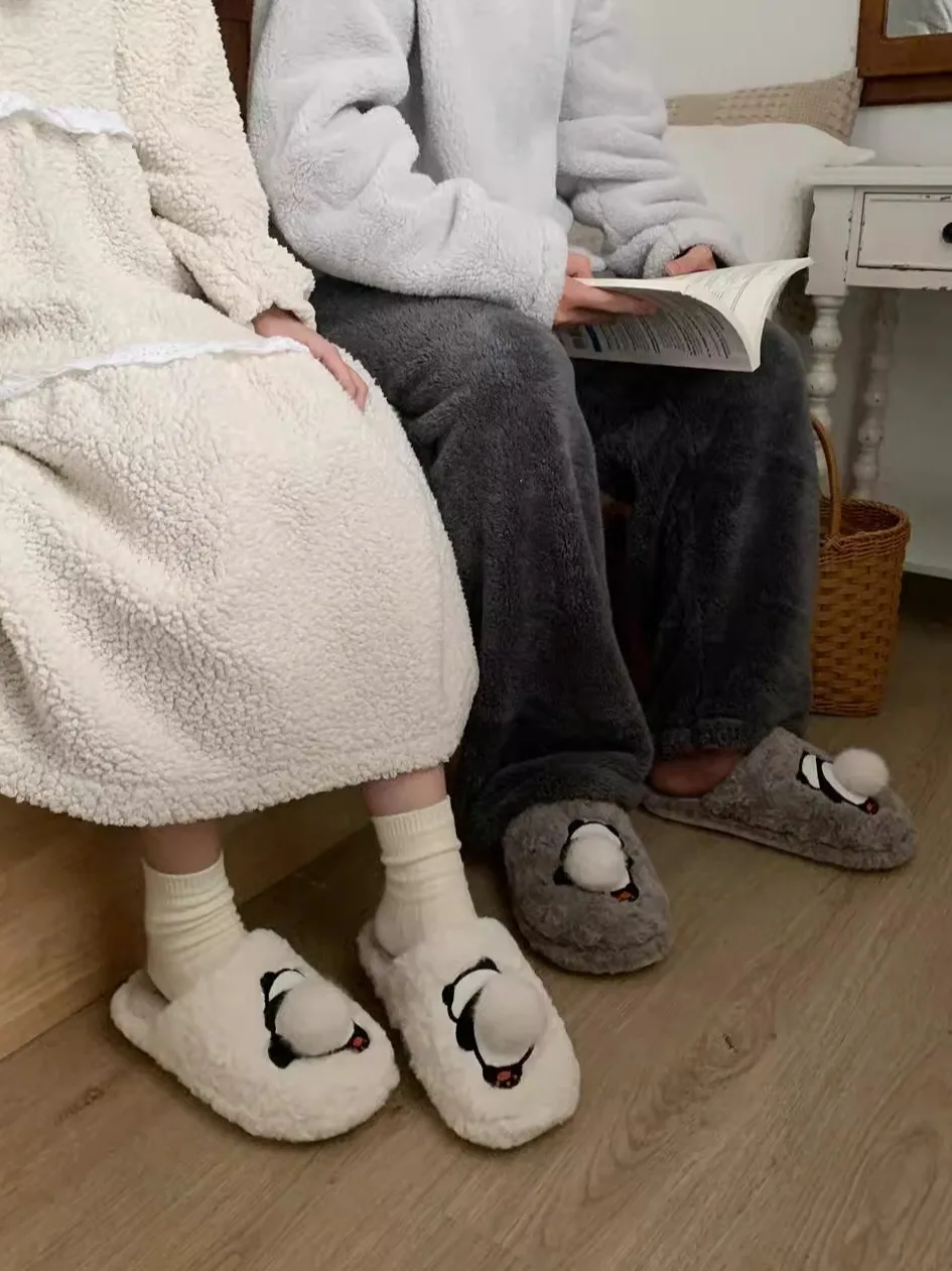 Paar Indoor Anti Slip Warm Schattig Bont Home Slippers Zachte En Schattige Panda Huishoudelijke Winter Katoenen Slippers Voor Mannen En Vrouwen