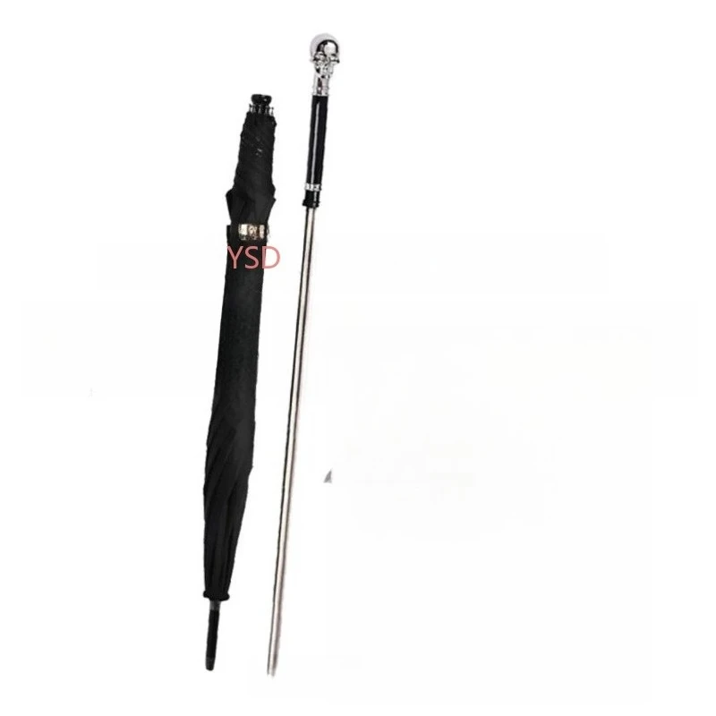 Creative Skull Pattern Cane Umbrella | Black Plastic Retractable Dual-Use for Sunny & Rainy Days