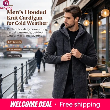Cárdigan de punto con capucha y forro polar para hombre, abrigo de punto largo con cremallera completa, de longitud media, cálido, de manga larga, prenda de abrigo gruesa e informal para otoño e invierno.