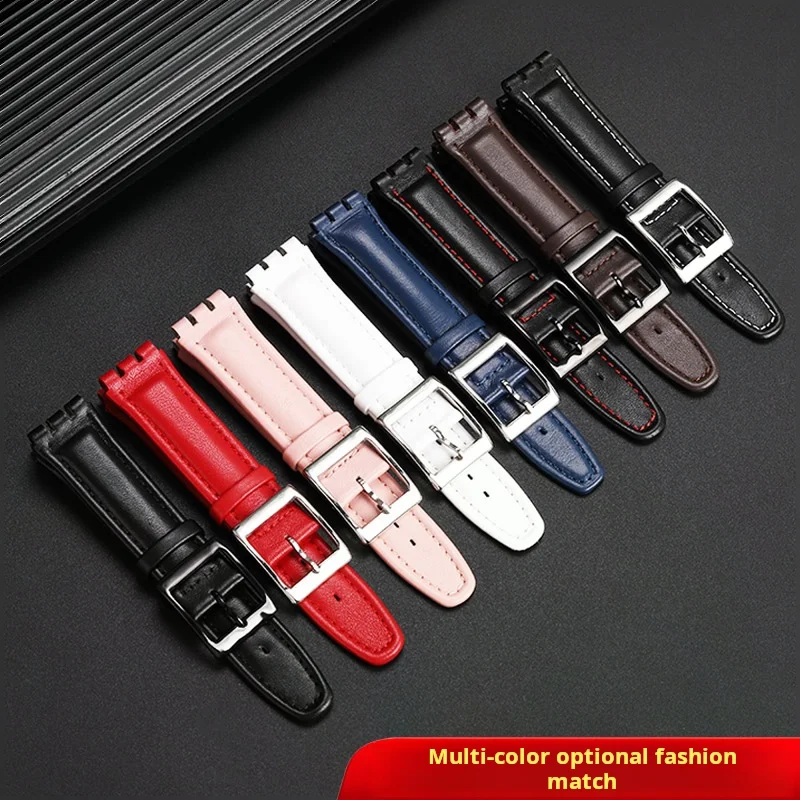 สายนาฬิกาหนังแท้17มม. 19มม. สำหรับผู้ชายสายนาฬิกาข้อมือหนังวัวสีฟ้าแดงขาวชมพูน้ำตาล