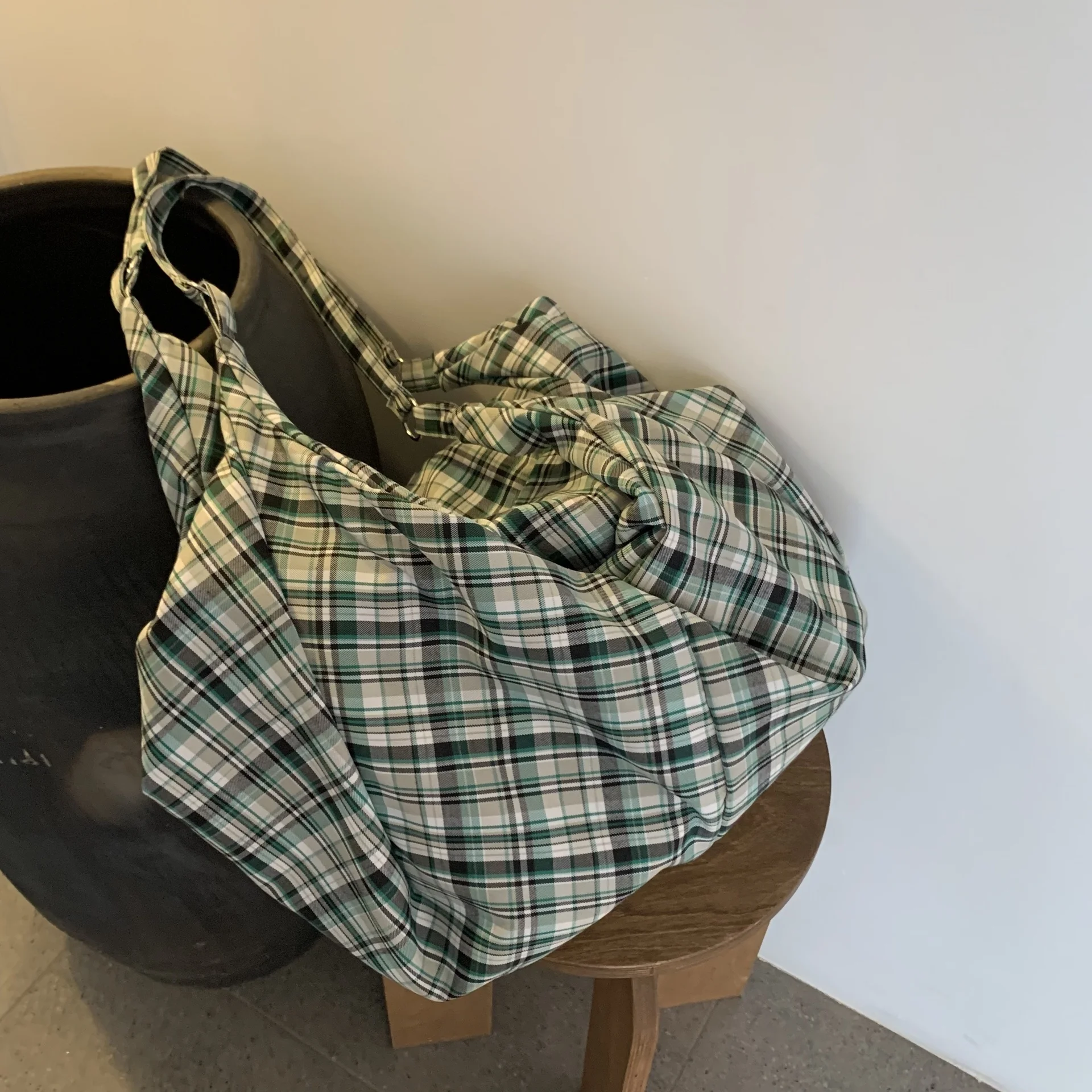 

Large Capaci een Plaid Canvas Tote Bag Casual Ins Sle Single oulder Bag for Young Women And Men Leisure Crossbody Bag