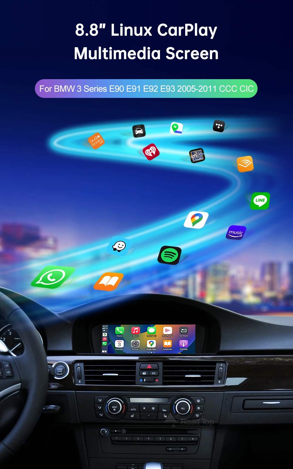 Road Top Wireless CarPlay Touchscreen für BMW 3er/5er Serie E90/E91/E92/E93 E60 E61 E62 CCC/CIC Multimedia Autoradio Android Auto – Detail 8