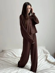 HiLoc Vintage Brown Knitwear Pajamas Sets Pants For Women Long Sleeves Shirts With Pants Two Pieces Outfits Sleepwear Pant Suits