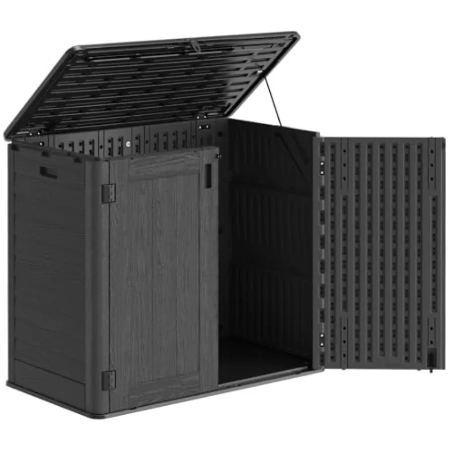 Outdoor storage cabinet, resin, gray, 31 cu ft waterproof horizontal design with weather-resistant finish and pad-lockable door