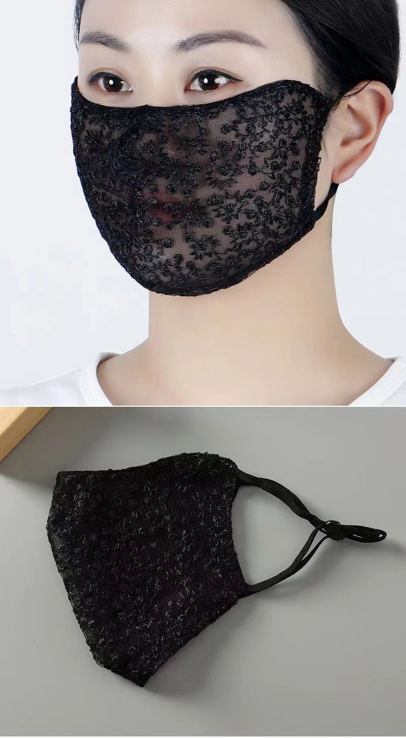 Bestickte Spitzen-Sonnenmaske für Frauen, UV-Schutz, atmungsaktiv, verstellbare Ohrschlaufe, waschbar, durchsichtige Gesichtsmaske mit winzigen Blumenmuster – Detail 5