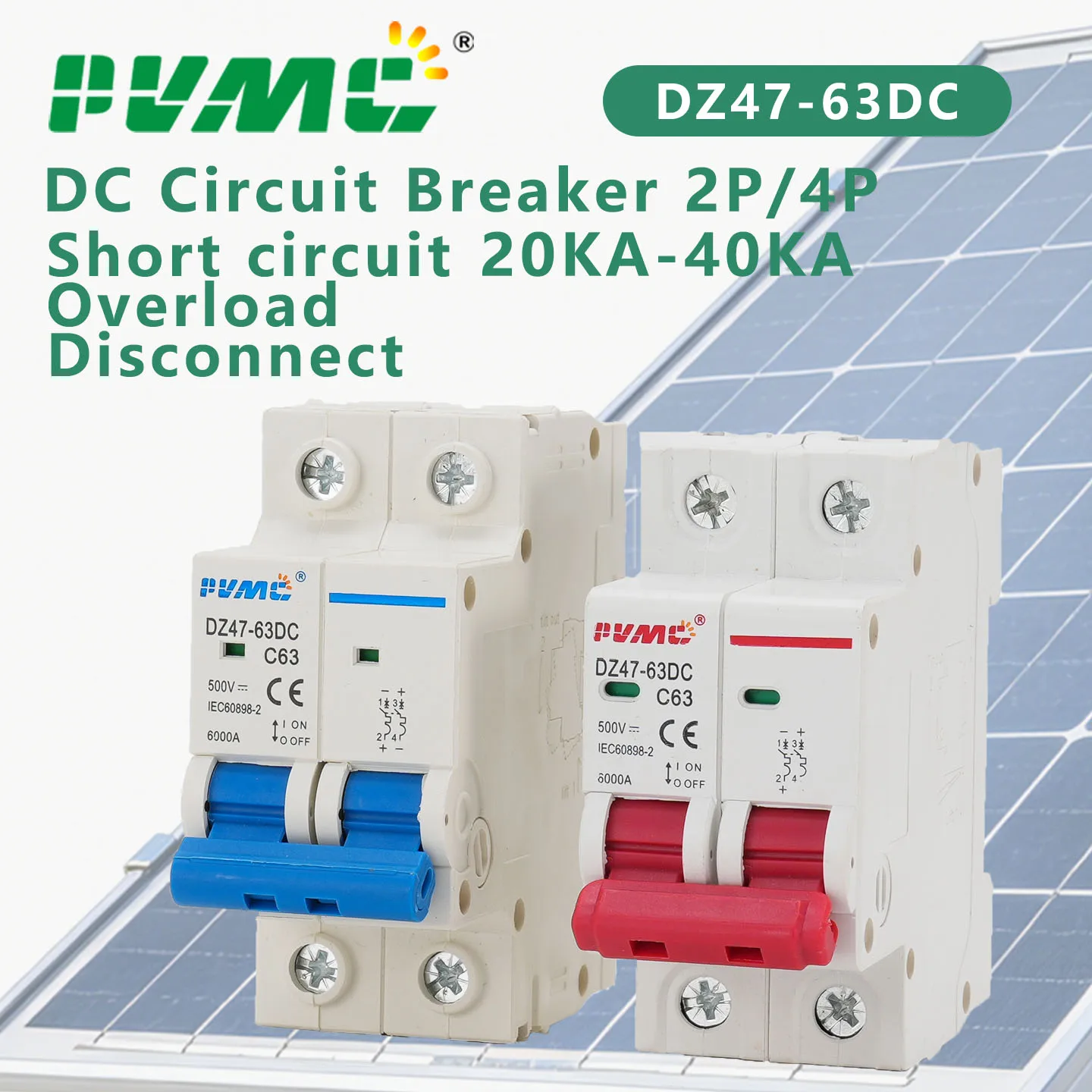 2 Pole DC Mini Circuit Breaker DZ47-63DC C63 63A 500V DC MCB