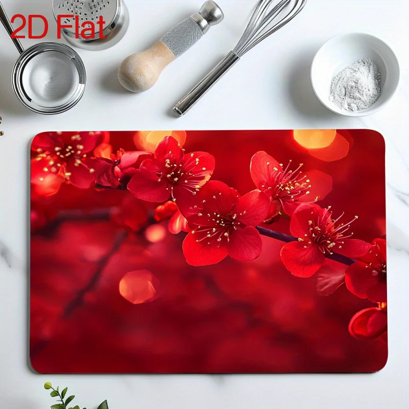 Elegant Red Sparkle Bokeh Dish Drying Mat Ultra Absorbent Kitchen Countertop Mat Festive Floral Tableware Protector Pad