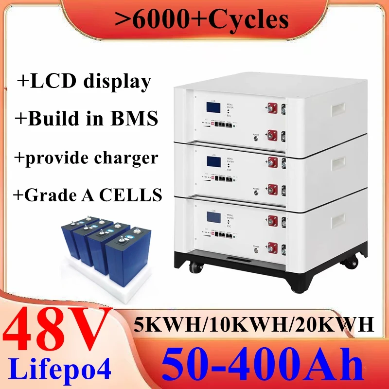 

6000+Cycles Lifepo4 Battery 10kwh 20kwh 48V 51.2V 50Ah 100Ah 200Ah 300Ah 400Ah CAN RS485 RS232 Battery For PV Solar System