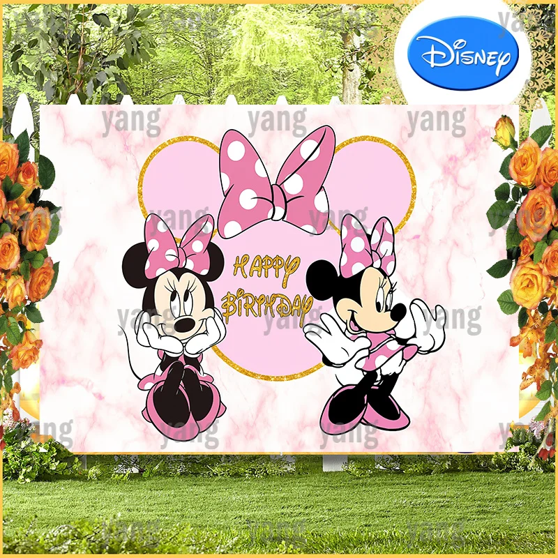 Disney Cartoon Cute Baby Minnie Mouse Custom White Dots Bow Tie Colorful Backdrop Girls Birthday Party Photography Background