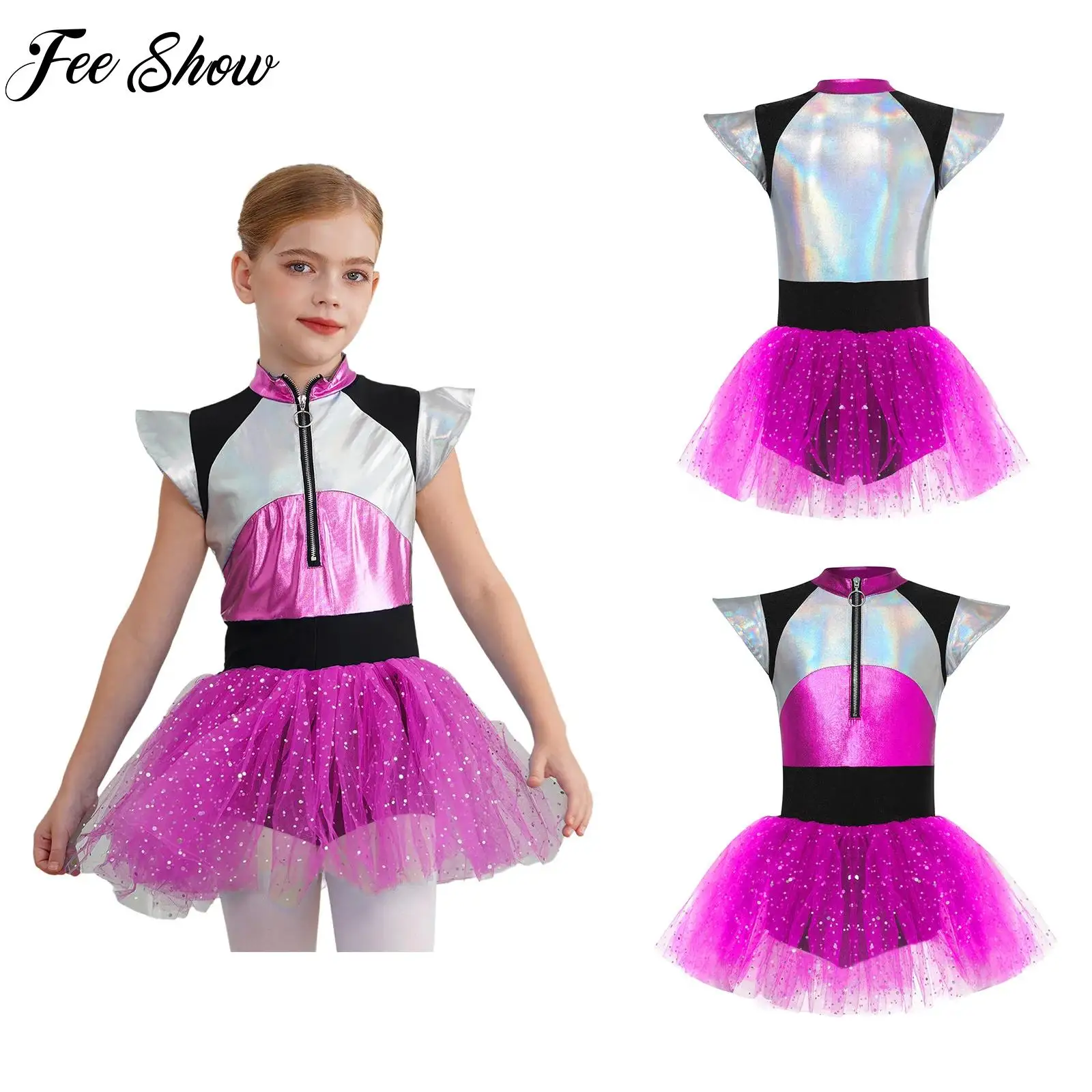 

Girls Halloween Alien Robot Future World Cosplay Dress Up Shiny Spangles Tutu Leotard Dress Cheerleading Performance Dancewear